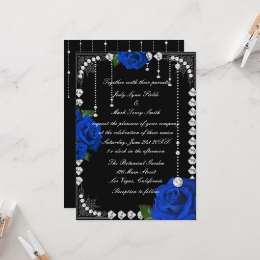 Invitation Roses bleues romantiques et diamants (Devant/Arrière en situation)