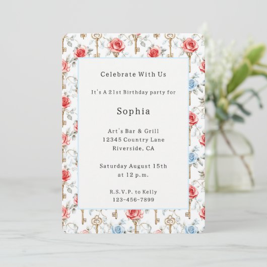 Invitation Roses Bleues Rouges Clés Dorées Anniversaire (Debout devant)