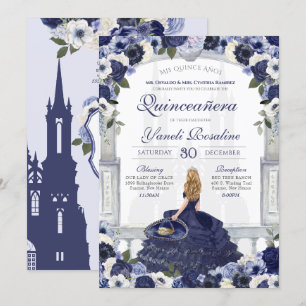 Invitation Roses Bleus Élégant Charro Princesse Quinceañera