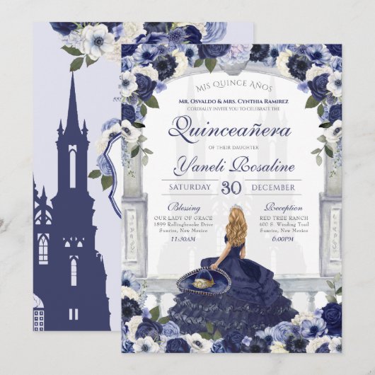 Invitation Roses Bleus Elegant Charro Princesse Quinceanera (Devant / Derrière)