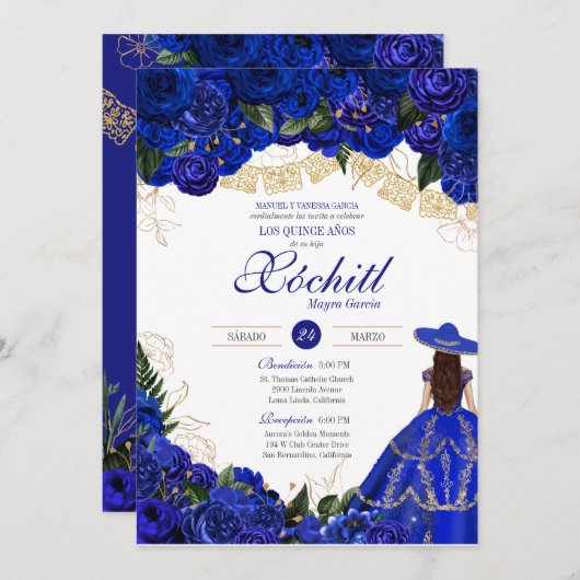 Invitation Roses Bleus Elegant Charro Quinceanera (Devant / Derrière)