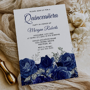 Invitation Roses Bleus Elégant Quinceanera Argenté