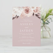 Invitation Roses bleus et fleurs blanches Mariage rose poussi (Debout devant)