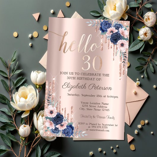 Invitation Roses Bleus, Parties scintillant Rose Gold 30e ann