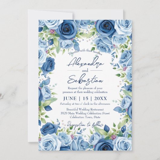 Invitation Roses bleus sophistiqués avec Mariage Feuille vert (Devant)