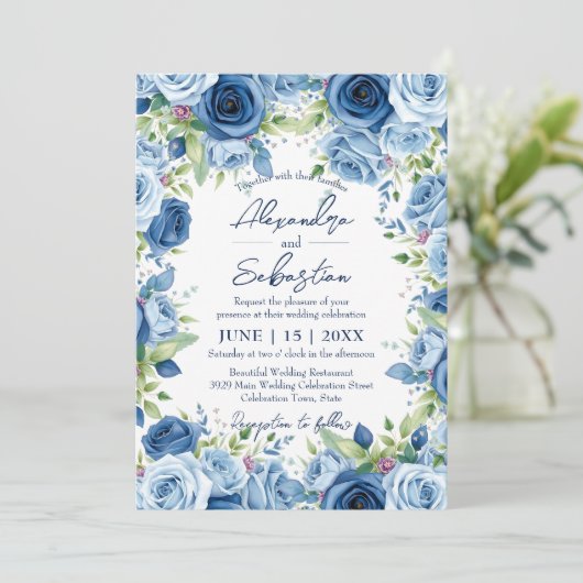 Invitation Roses bleus sophistiqués avec Mariage Feuille vert (Debout devant)
