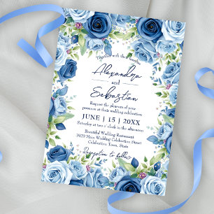 Invitation Roses bleus sophistiqués avec Mariage Feuille vert