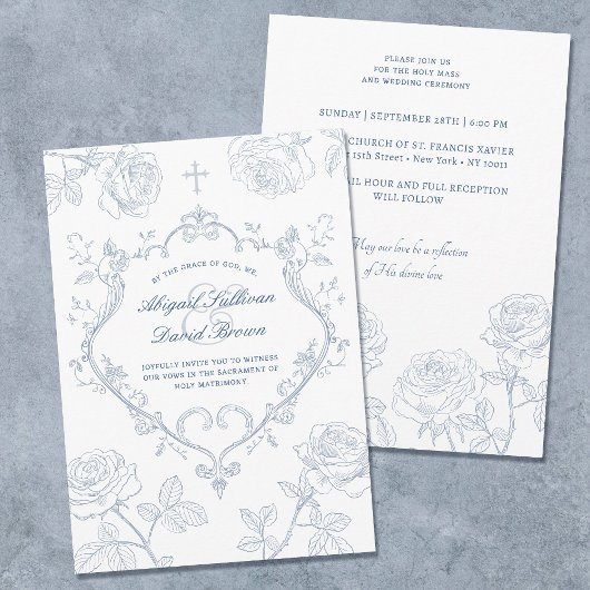 Invitation Roses Blue Crest Catholic Wedding