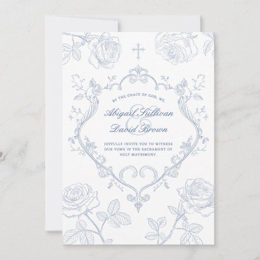 Invitation Roses Blue Crest Catholic Wedding (Devant)