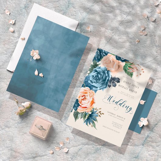 Invitation Roses Blue/Peach Wedding ID584