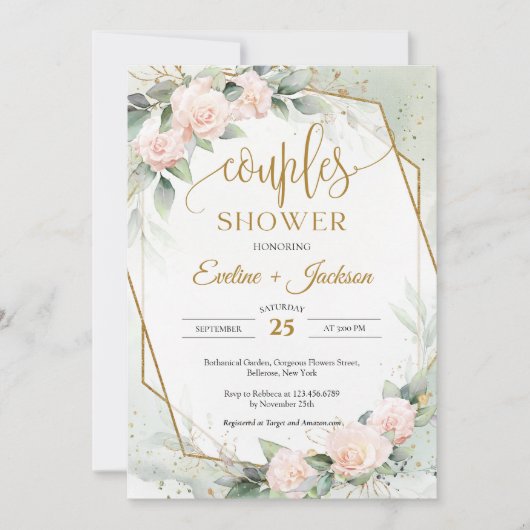 Invitation Roses blush branchés et couples d'eucalyptus douch (Devant)