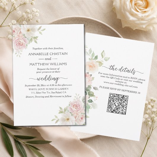 Invitation Roses Blush Soft Tout en Un Code QR Mariage