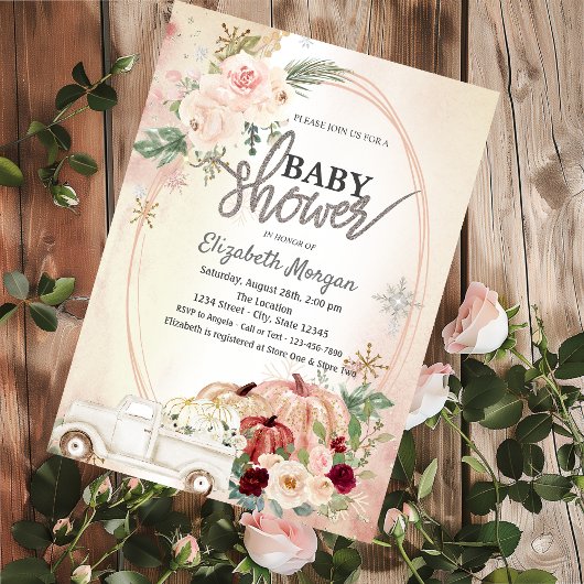 Invitation Roses Boho citrouilles, Baby shower de camion