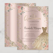 Invitation Roses Boho Diamants Robe Rose Gold (Devant / Derrière)