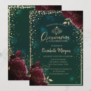 Invitation Roses bordeaux, diadème doré, diamants Quinceañera