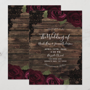 Invitation Roses bordeaux foncé Mariage dentelle noire en boi