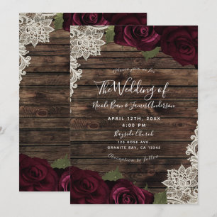 Invitation Roses bordeaux foncé Mariage rustique dentelle crè