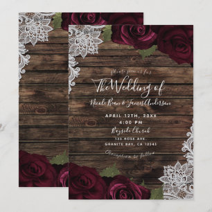 Invitation Roses bordeaux foncé Mariage rustique en dentelle