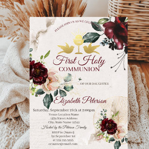 Invitation Roses Bourguignon Première Communion 