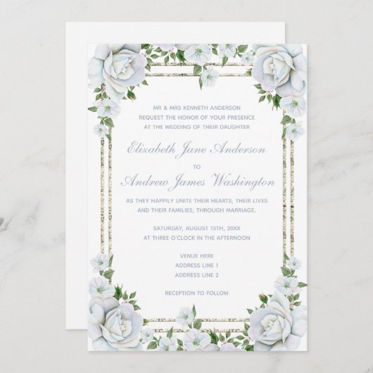 Invitation Roses chic et Mariage floral frontière argent (Devant / Derrière)