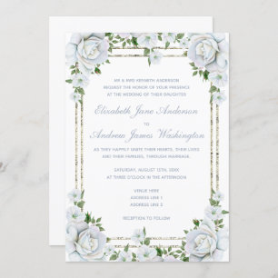 Invitation Roses chic et Mariage floral frontière argent