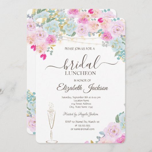 Invitation Roses Chics, Verre À Vins, Luminaires Déjeuner Nup (Devant / Derrière)