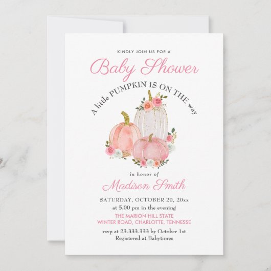 Invitation Roses Citrouille rose aquarelle | BABY SHOWER (Devant)