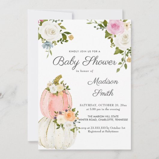 Invitation Roses Citrouille rose aquarelle | BABY SHOWER (Devant)