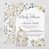 Invitation Roses Citrouilles blancs Aquarelle | BABY SHOWER (Devant / Derrière)
