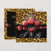 INVITATION ROSES CORAIL NOIR ROUGE, MONOGRAMME PEAU DE LÉOPAR (Devant / Derrière)