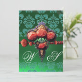 INVITATION ROSES CORAIL ROUGE, DAMAS BLEU NOIR VERT MONOGRAMM (Debout devant)