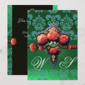 INVITATION ROSES CORAIL ROUGE, DAMAS BLEU NOIR VERT MONOGRAMM (Devant / Derrière)