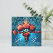 INVITATION ROSES CORAIL ROUGE, DAMAS MONOGRAMME BLEU AQUA NOI (Debout devant)