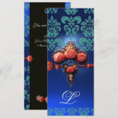 INVITATION ROSES CORAIL ROUGE, DAMAS MONOGRAMME BLEU AQUA NOI (Devant / Derrière)