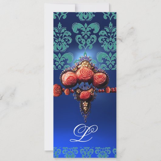INVITATION ROSES CORAIL ROUGE, DAMAS MONOGRAMME BLEU AQUA NOI (Devant)