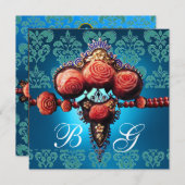 INVITATION ROSES CORAIL ROUGE, DAMAS MONOGRAMME BLEU AQUA NOI (Devant / Derrière)