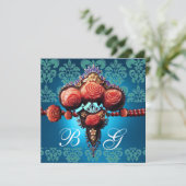 INVITATION ROSES CORAIL ROUGE, DAMAS MONOGRAMME BLEU AQUA NOI (Debout devant)
