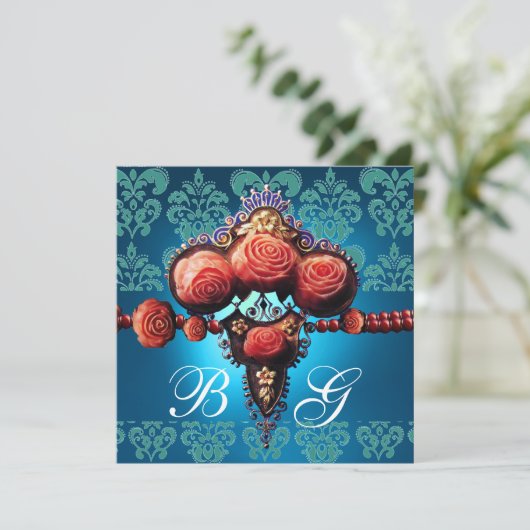 INVITATION ROSES CORAIL ROUGE, DAMAS MONOGRAMME BLEU AQUA NOI (Debout devant)