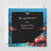INVITATION ROSES CORAIL ROUGE, DAMAS MONOGRAMME BLEU AQUA NOI (Dos)