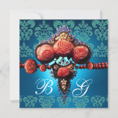 INVITATION ROSES CORAIL ROUGE, DAMAS MONOGRAMME BLEU AQUA NOI (Devant)