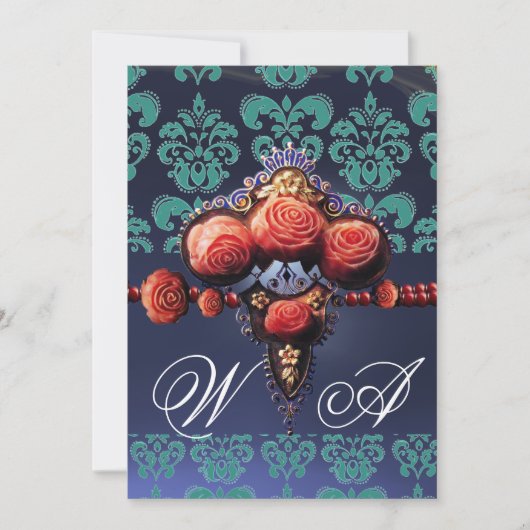 INVITATION ROSES CORAIL ROUGE, DAMAS MONOGRAMME BLEU AQUA NOI (Devant)