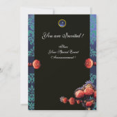 INVITATION ROSES CORAIL ROUGE, DAMAS MONOGRAMME BLEU AQUA NOI (Dos)