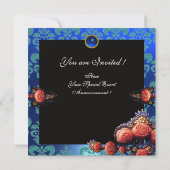 INVITATION ROSES CORAIL ROUGE, DAMAS MONOGRAMME BLEU AQUA NOI (Dos)