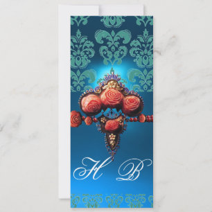 INVITATION ROSES CORAIL ROUGE, DAMAS MONOGRAMME BLEU AQUA NOI