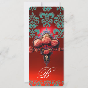 INVITATION ROSES CORAIL ROUGE, DAMAS MONOGRAMME BLEU TURQUOIS