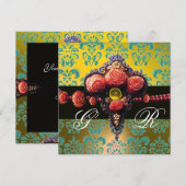 Invitation ROSES CORAIL ROUGE, Damas MONOGRAMME JAUNE BLEU AQ (Devant / Derrière)