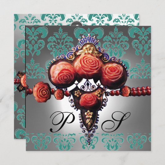 INVITATION ROSES CORAIL ROUGE, DAMAS MONOGRAMME NOIR VERT BLA (Devant / Derrière)