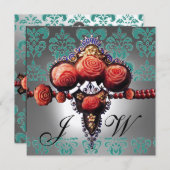INVITATION ROSES CORAIL ROUGE, DAMAS MONOGRAMME NOIR VERT BLA (Devant / Derrière)