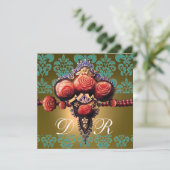 INVITATION ROSES CORAIL ROUGE, DAMAS MONOGRAMME NOIR VERT JAU (Debout devant)