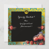 INVITATION ROSES CORAIL ROUGE, DAMAS MONOGRAMME NOIR VERT JAU (Dos)
